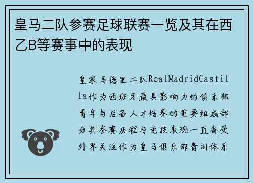 皇马二队参赛足球联赛一览及其在西乙B等赛事中的表现